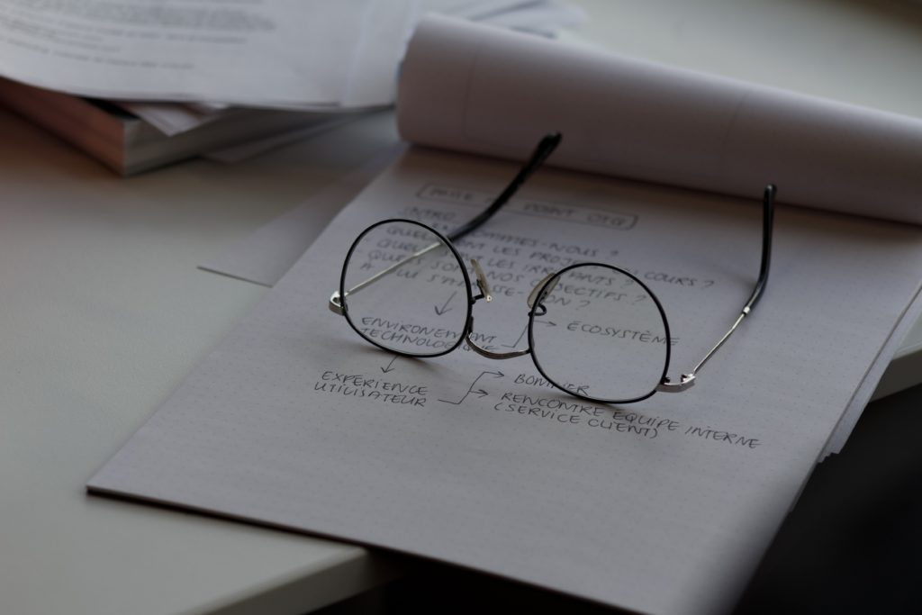 a pair of glasses on a document