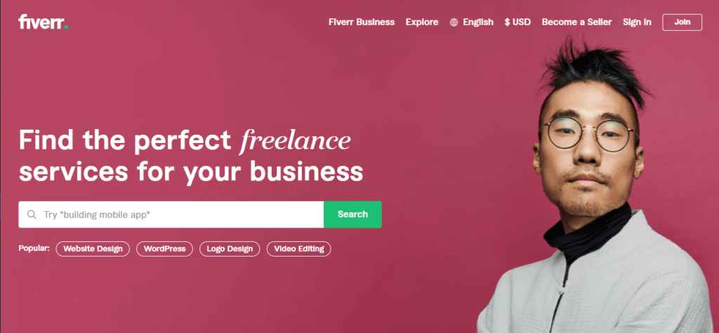 A screenshot of the Fiverr website home page.