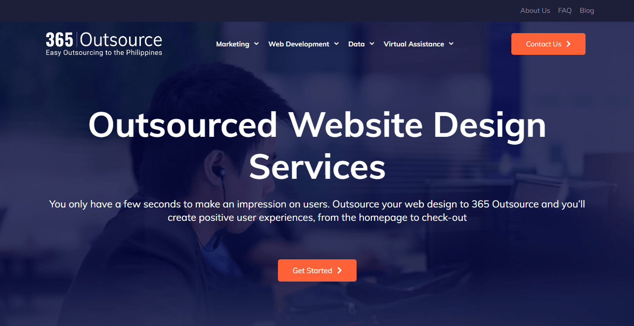 A screenshot of the 365 Outsource website home page.