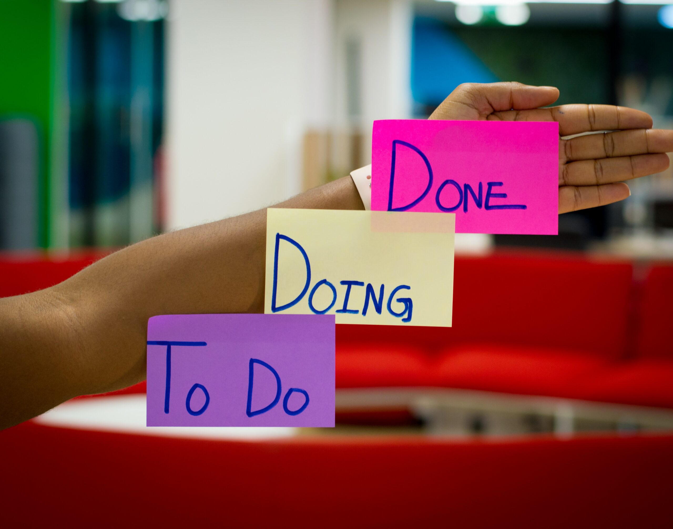 Post-it notes that say "To Do," "Doing," "Done."