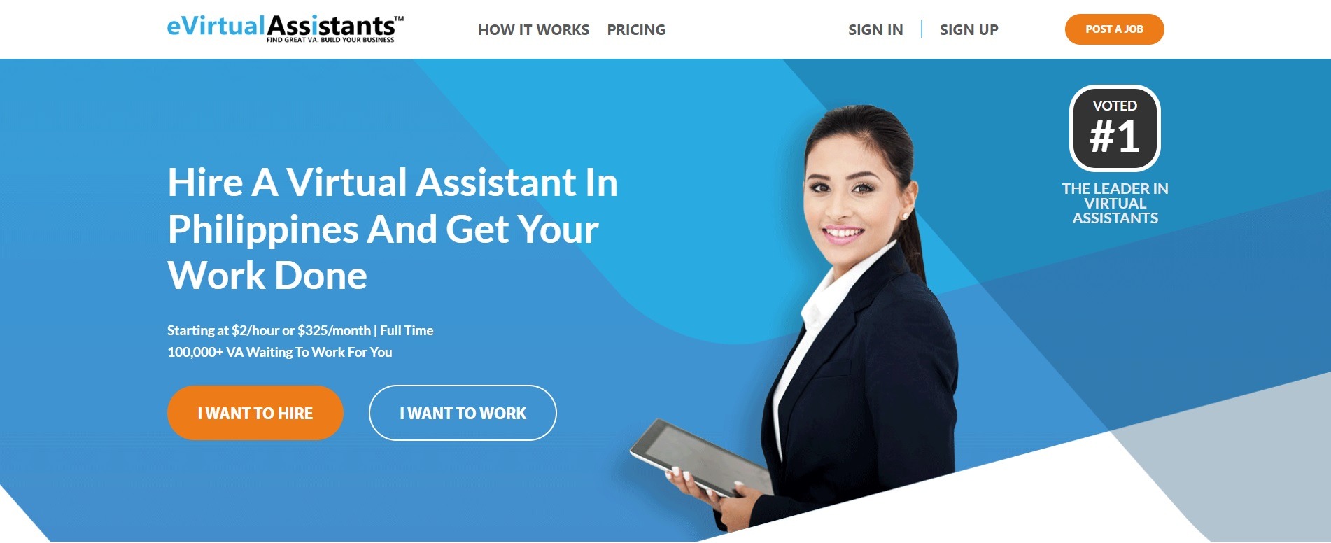 A screenshot of the eVirtual Assistants website home page.