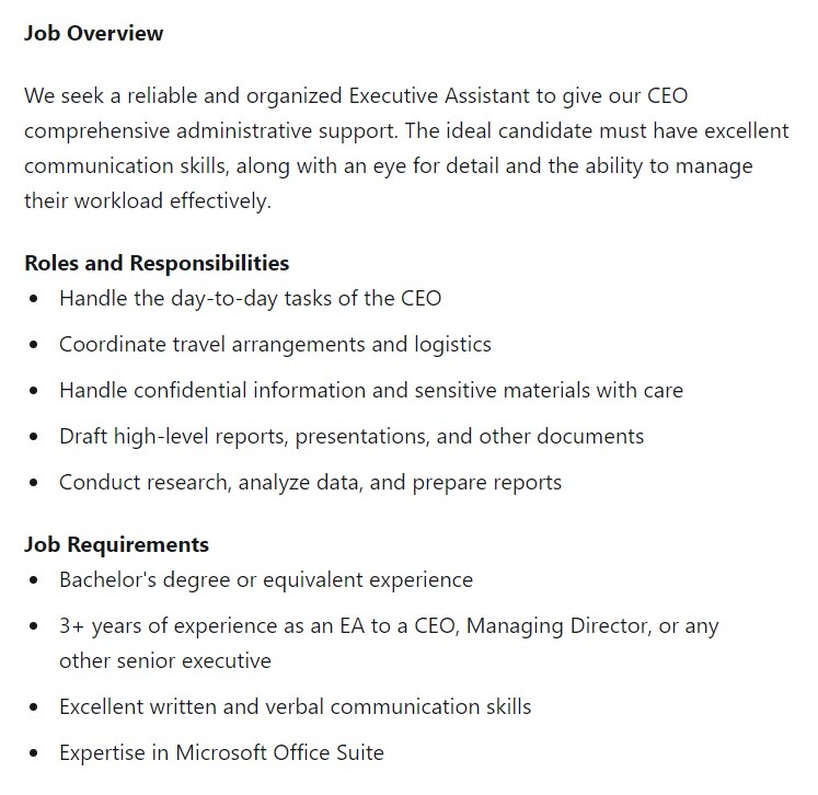 executive assistant job description