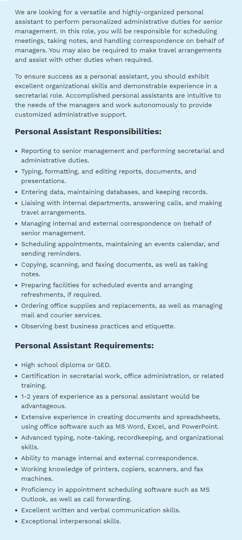 Betterteam personal assistant job description template