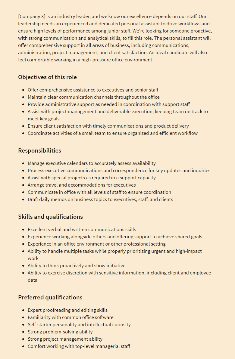 LinkedIn personal assistant job description template