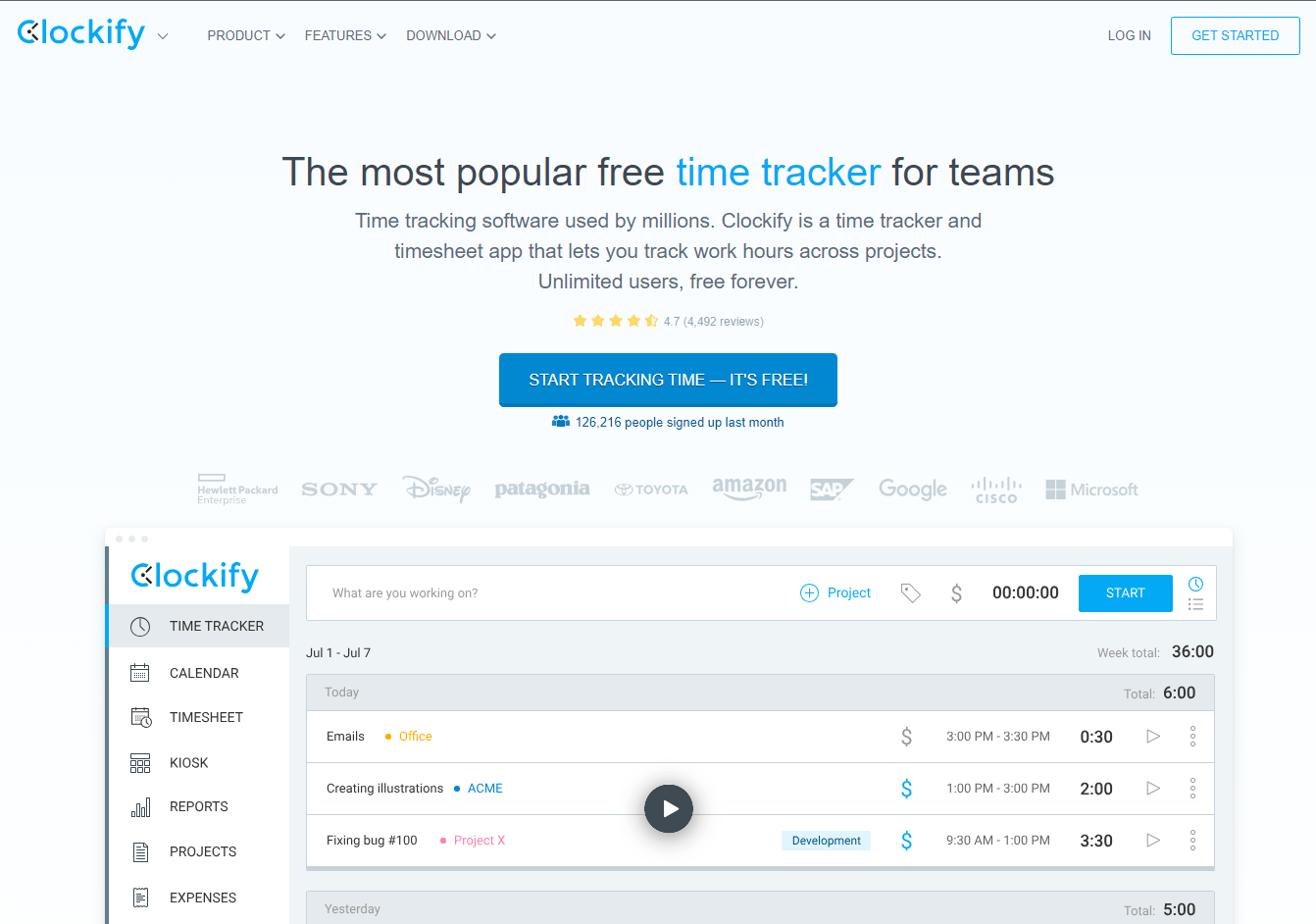 Clockify website home page screenshot.